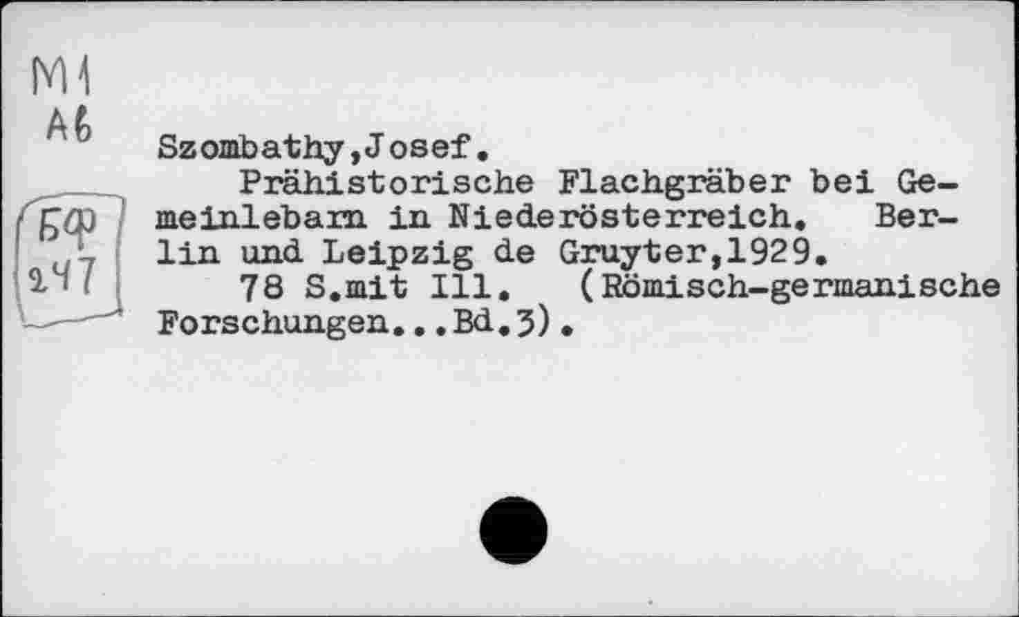 ﻿N1
At
Szombathy,Josef.
Prähistorische Flachgräber bei Ge-meinlebam in Niederösterreich. Berlin und Leipzig de Gruyter,1929.
78 S.mit Ill. (Römisch-germanische Forschungen..,Bd.З).